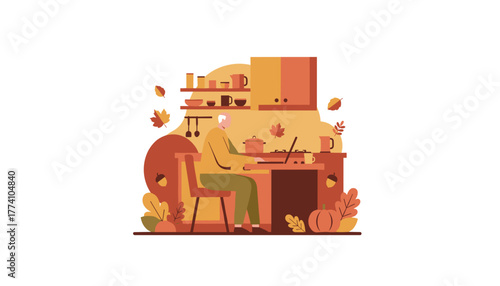 Senior man works on a laptop in an autumnal kitchen Cozy remote work and retirement illustration