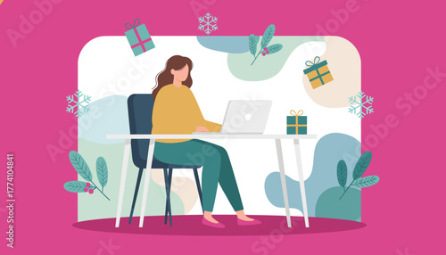 Woman uses laptop for remote work or holiday shopping surrounded by gifts and snowflakes