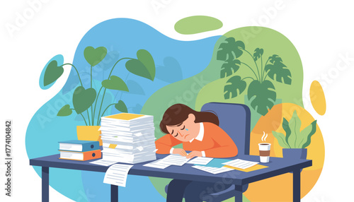Stressed employee crying next to huge document stack Overworked and suffering from burnout