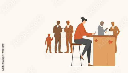 Woman working on a tablet at a casual autumn bar during a social gathering Fall business event concept