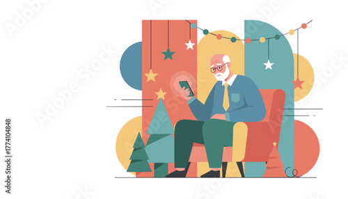 Elderly man uses phone in festive setting Holiday celebration connection and digital access