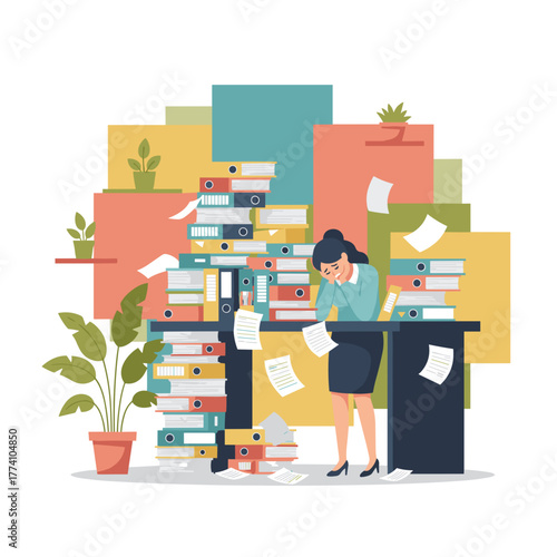 Overwhelmed office worker stressed by a huge workload and document piles illustrating burnout
