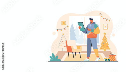Man using tablet for holiday communicationshopping in a cozy decorated room with Christmas tree