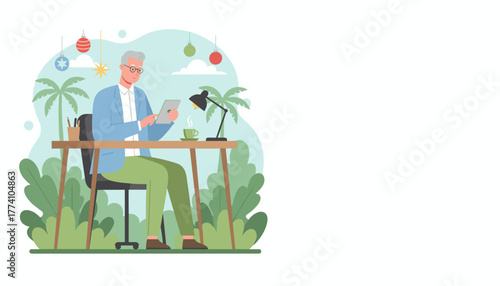 Senior man works on tablet in a tropical setting with Christmas decorations Remote work and retirement lifestyle