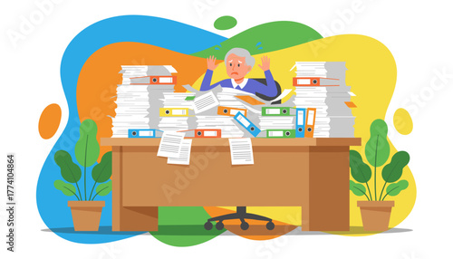 Anxious senior worker overwhelmed by giant stacks of paperwork and deadlines