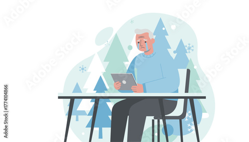 Elderly man crying using tablet in winter setting conveying loneliness and holiday sadness
