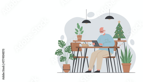 Elderly man using a tablet in a cozy plantfilled room with Christmas decor Holiday technology usage