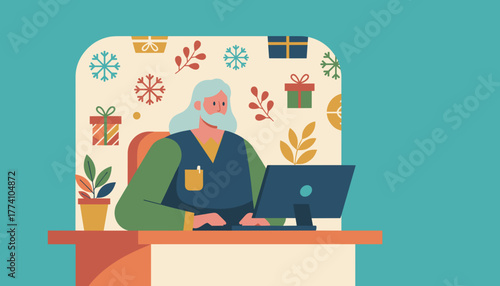 Stylized elder works on a laptop amid festive winter decor gifts and snowflakes