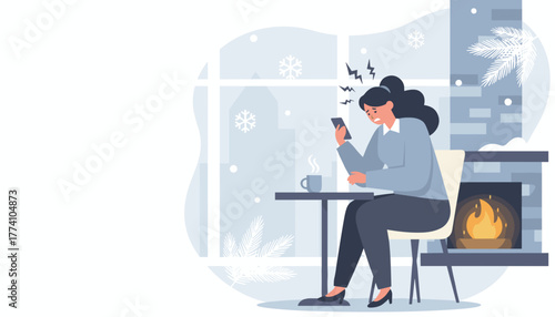 Stressed woman checking phone indoors during winter snowfall with a hot drink and cozy fireplace