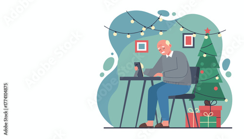 Sad senior man uses smartphone alone during Christmas holiday isolation