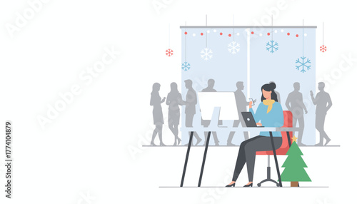 Woman working at desk during Christmas season Office decorated with tree and snowflakes