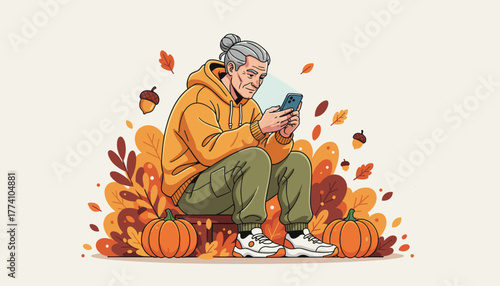 Stylish senior man texting on smartphone among autumn leaves and pumpkins