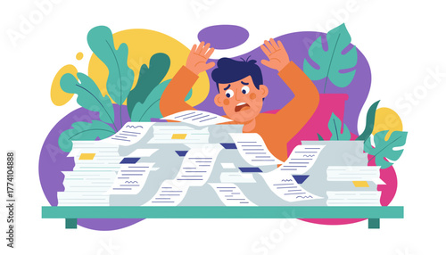 Businessman stressed and drowning in massive paperwork deadline burden concept