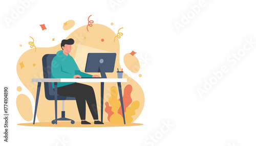 Achievement illustration Man celebrating digital success and productivity at his modern office desk