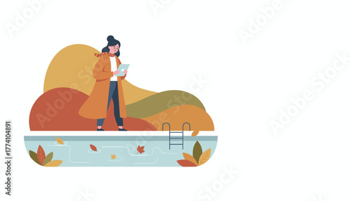 Melancholy woman in fall coat checks tablet by outdoor pool with floating autumn leaves