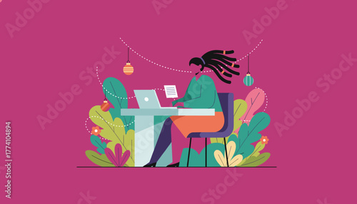 Creative woman works remotely on laptop surrounded by vibrant plants Digital nomad and freelance career concept