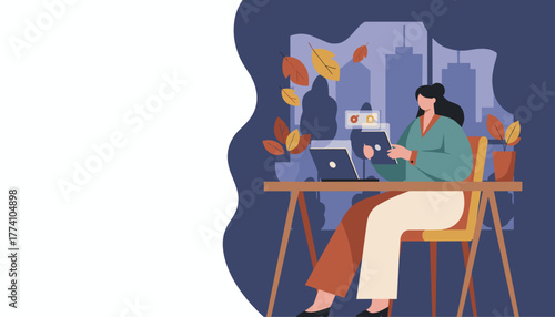 Woman working remotely on a tablet and laptop in a cozy home office with fall views