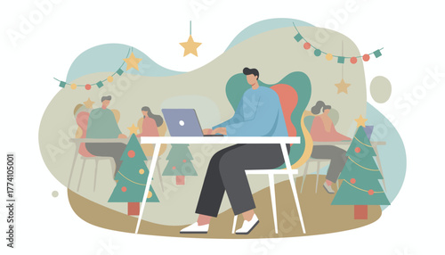 Dedicated worker uses laptop in a Christmasdecorated office Holiday business concept