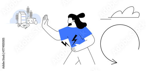 Woman reacting to dairy products holding stomach, depicting food intolerance. Lightning bolts symbolize discomfort. Ideal for health awareness, allergies, nutrition, diet, wellness, prevention