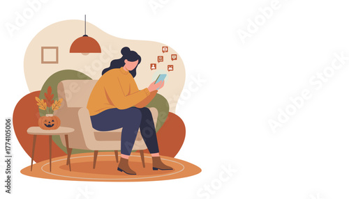 Autumn leisure Woman checking social media notifications on phone in a cozy decorated room