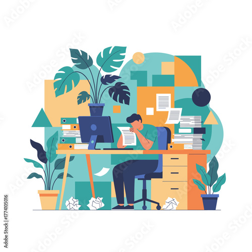 Stressed businessman dealing with paperwork overload and administrative chaos