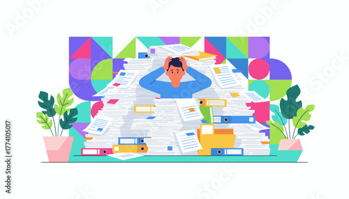 Stressed person buried in a mountain of documents and papers Workload bureaucracy and deadline pressure