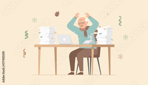 Stressed senior man overwhelmed by paperwork and holiday deadlines at his office desk