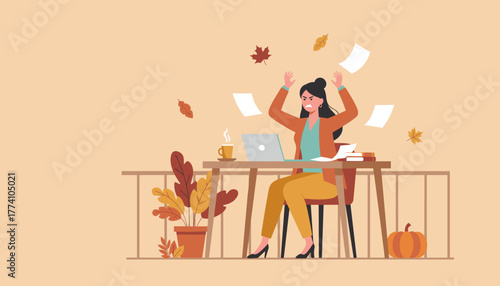 Frustrated businesswoman at outdoor autumn desk experiencing work stress and burnout