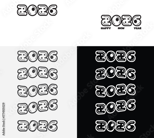 2026 vector set: unique, trendy, and versatile typographic designs—bubble, brush, inline, and groovy styles—for new year banners and graphics.