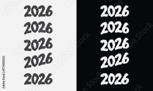 2026 vector set: unique, trendy, and versatile typographic designs—bubble, brush, inline, and groovy styles—for new year banners and graphics.
