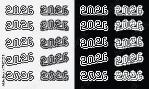 2026 vector set: unique, trendy, and versatile typographic designs—bubble, brush, inline, and groovy styles—for new year banners and graphics.
