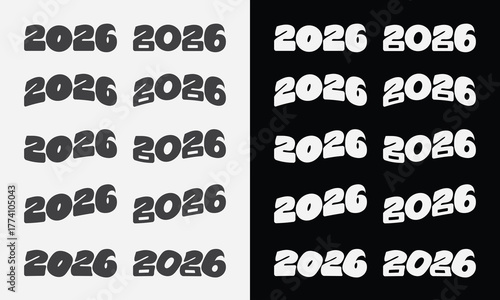 2026 vector set: unique, trendy, and versatile typographic designs—bubble, brush, inline, and groovy styles—for new year banners and graphics.
