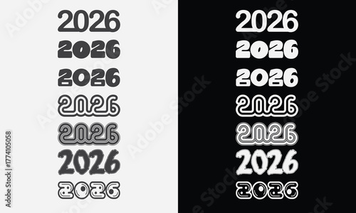 2026 vector set: unique, trendy, and versatile typographic designs—bubble, brush, inline, and groovy styles—for new year banners and graphics.