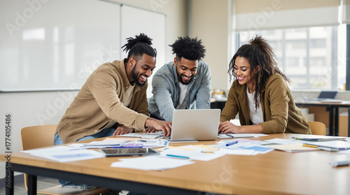 Joyful diverse team smiling and collaborating on a project with a laptop in a bright modern office