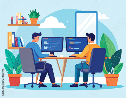 Two men programming on computers at a wooden desk in a modern office