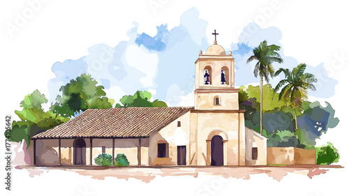 Jesuit Missions of La Sant?sima Trinidad. Jesuit Missions of La Sant?sima Trinidad hand drawn watercolor illustration