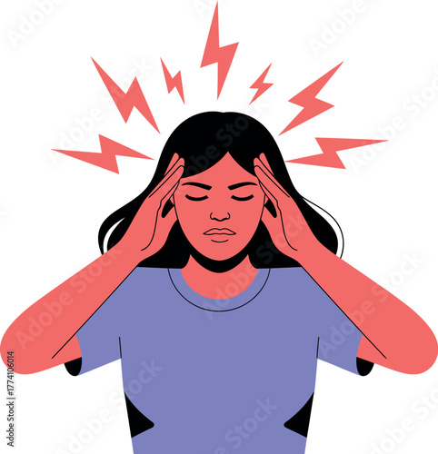 Illustration of woman with headache migraine stress pain tension head pain relief