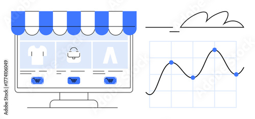 Online storefront with product categories and shopping cart buttons beside a line graph analyzing sales data. Ideal for e-commerce, marketing, business strategy, data analysis, growth tracking