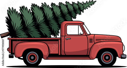 Red christmas truck carrying tree illustration vector graphic design element