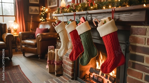 A cozy Christmas fireplace decorated with stockings and festive lights.