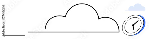 Large cloud outline paired with a tilted clock. Ideal for technology, data storage, time tracking, remote work, digital innovation, productivity, and smart solutions. Simple flat metaphor