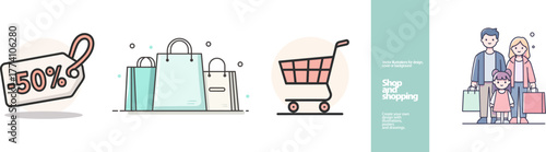 Shopping and Discounts Illustrations. Vector illustrations depicting shopping concepts: a 50% discount tag, shopping bags, a grocery cart, and a family enjoying shopping.