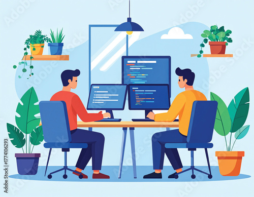 Two developers coding on computers at a shared desk in an office