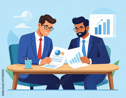 Two professionals in suits reviewing business charts