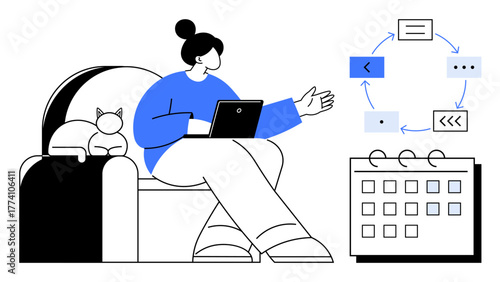 Person using laptop on sofa with a cat beside, workflow diagram and a calendar. Ideal for task planning, organization, remote work, productivity, time management, scheduling, simple flat metaphor