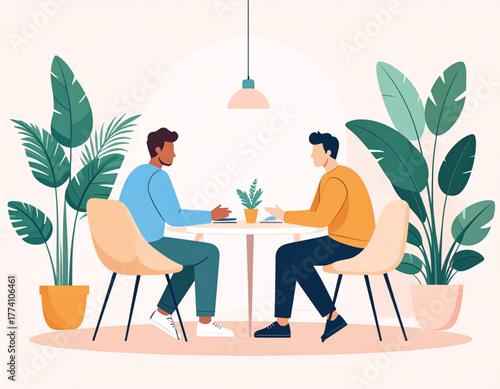 Two men sitting at a round table in a cafe discussing something