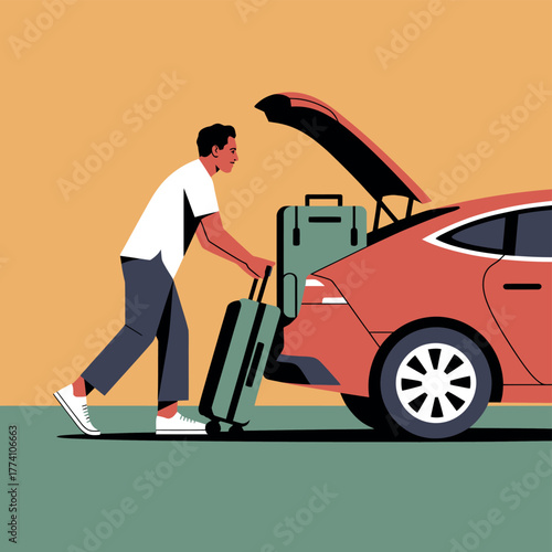 Man loading luggage into car trunk for travel vacation road trip transportation
