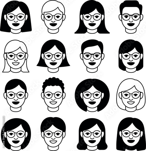 Vector faces with glasses collection diverse avatars profile pictures and portraits