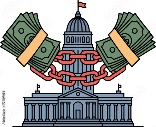 Government corruption and money influence concept with chained capitol building