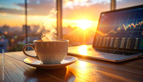 Sunrise Brew and Market Analysis: The day begins with a steaming cup of coffee alongside a laptop, displaying financial data as the sun bathes the scene in a golden light.